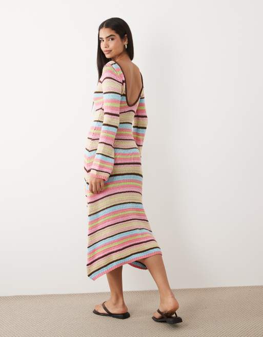 Kiwi & Co knit open back flare sleeve beach coverup maxi dress in multi stripe, 4 of 5