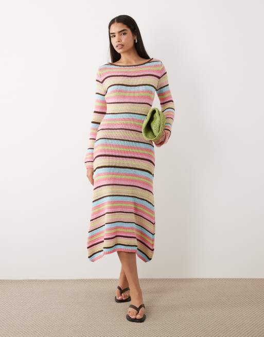 Kiwi & Co knit open back flare sleeve beach coverup maxi dress in multi stripe, 5 of 5