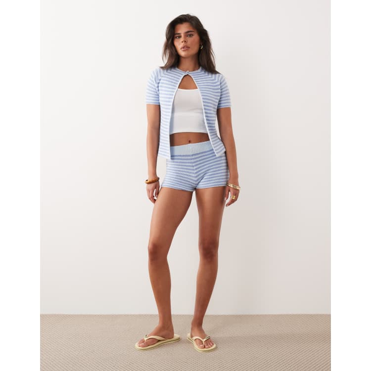 Kiwi & Co knit open front cardigan top and mini shorts set in blue