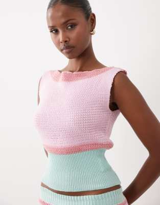 Kiwi & Co knitted bardot colourblock top co-ord in pink & turquoise