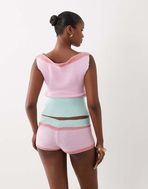Kiwi & Co knitted bardot colourblock top co-ord in pink & turquoise, 4 of 4