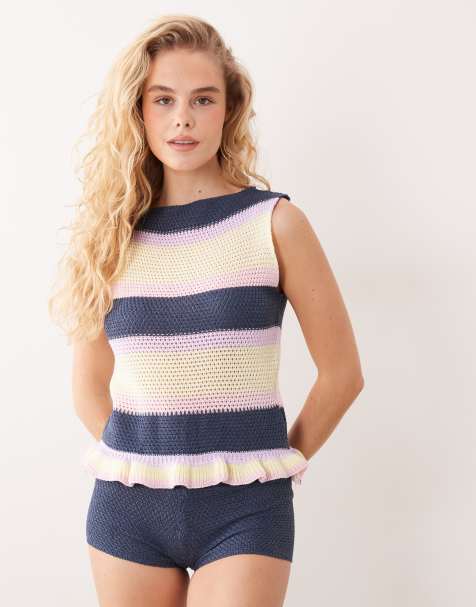 Kiwi & Co knitted high neck frill hem smock top in navy & yellow stripe (part of a set) - view 1