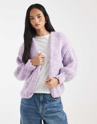 Kiwi & Co Love Me Later Contains Wool Hand Knit Chunky Knit Dropped Shoulder Balloon Sleeve Cardigan In Purple