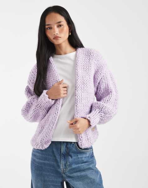 Kiwi & Co Love Me Later contains wool hand knit chunky knit dropped shoulder balloon sleeve cardigan in lilac - view 1