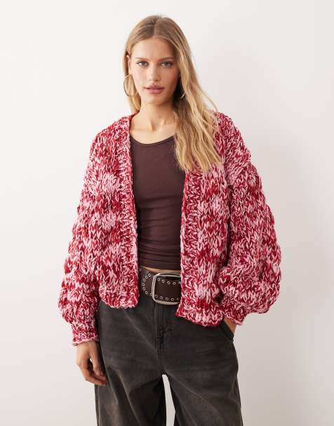 Kiwi & Co Love Note hand knit slouchy balloon sleeve cardigan in pink & red mixed yarn bubble stripes - view 1
