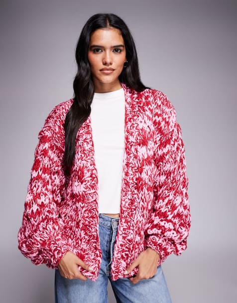 Kiwi & Co Love Note hand knitted slouchy bubble knit balloon sleeve cardigan in pink & red mixed yarn - view 1