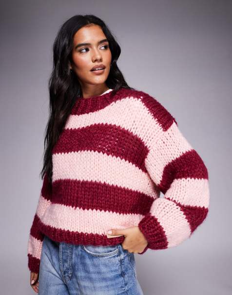 Kiwi & Co - Lovebug - Maglione girocollo lavorato a mano rosa e bordeaux a righe con maniche a palloncino - view 1