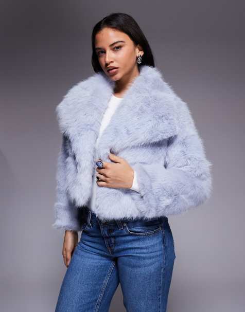 Kiwi & Co Lyla faux fur oversized collar detail cropped jacket in ice blue - view 1