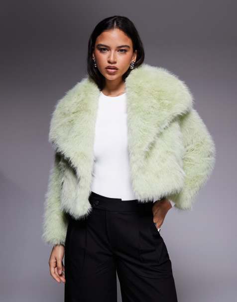 Kiwi & Co Lyla faux fur oversized collar detail cropped jacket in mint green - view 1