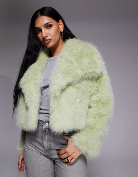 Kiwi & Co Lyla faux fur oversized collar detail cropped jacket in mint green