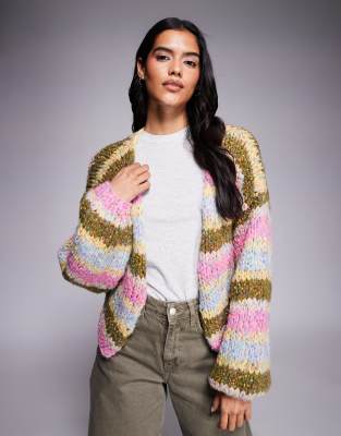 Kiwi & Co Kiwi & Co Meadow hand knitted balloon sleeve speckled yarn detail cardigan in multi stripe