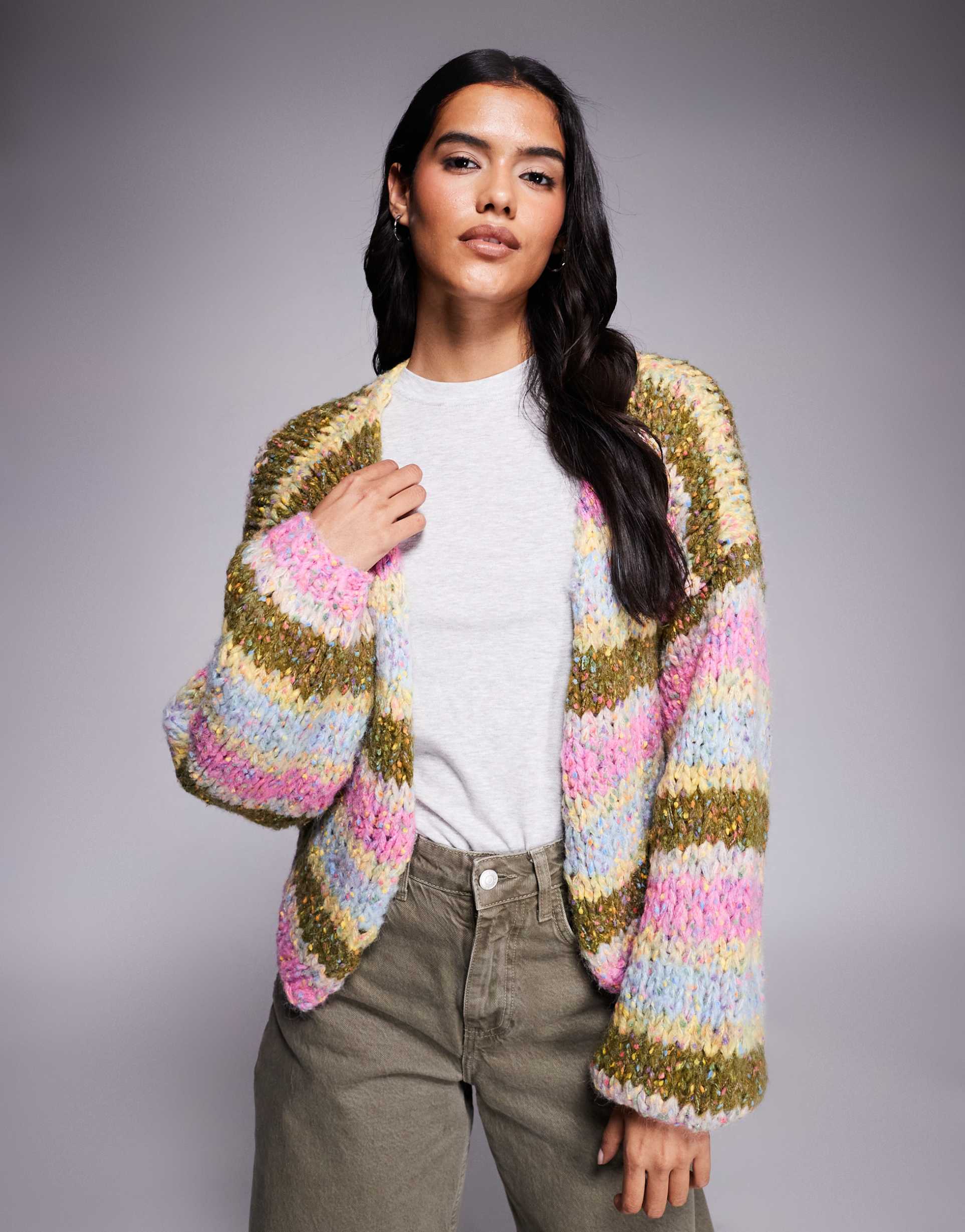 kiwi & co meadow wool feel hand knit balloon sleeve speckled yarn detail cardigan in multi stripe