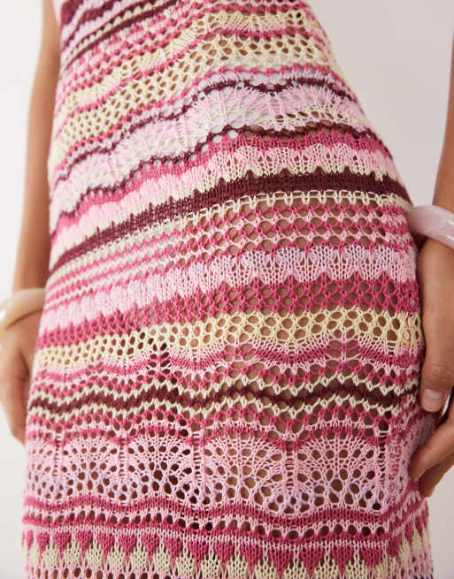 Kiwi & Co - On Sunshine - Robe de plage longue sans manches en maille au crochet rayée avec col montant - Rose, 3 de 5