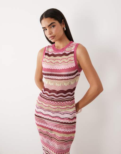 Kiwi & Co - On Sunshine - Robe de plage longue sans manches en maille au crochet rayée avec col montant - Rose, 5 de 5