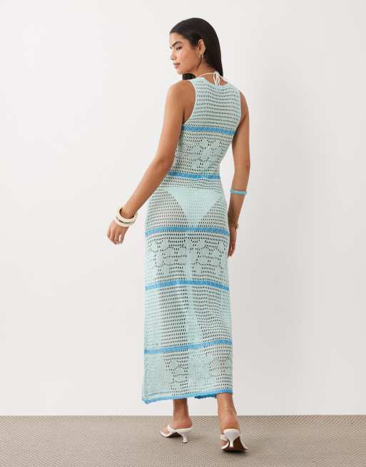 Kiwi & Co open floral crochet high neck sleeveless maxi beach dress in blue, 4 of 5