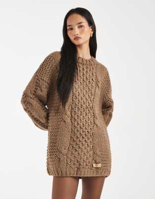 Kiwi & Co Kiwi & Co Orla hand knitted cable knit balloon sleeve mini jumper dress in mocha-Brown