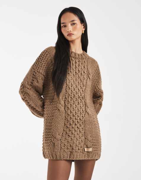 Kiwi & Co - Orla - Handgebreide mini trui-jurk met kabels en ballonmouwen in mokka - view 1