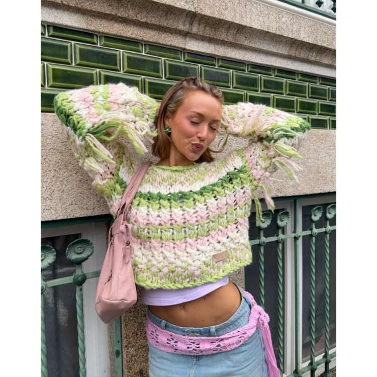 Kiwi & Co Pixie contains wool hand knit chunky knit fringe sleeve