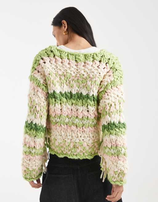 Kiwi & Co Pixie contains wool hand knit chunky knit fringe sleeve cropped sweater in lime & pink, 3 of 5