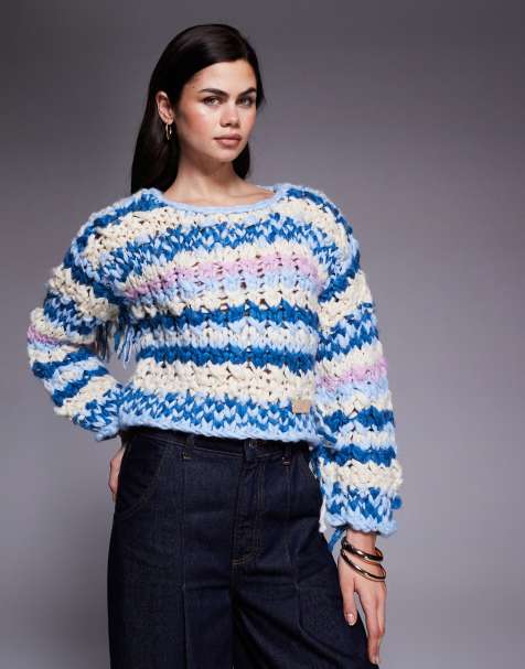 Kiwi & Co Pixie contains wool hand knitted chunky knit fringe arm detail cropped sweater in blue stripe - view 1