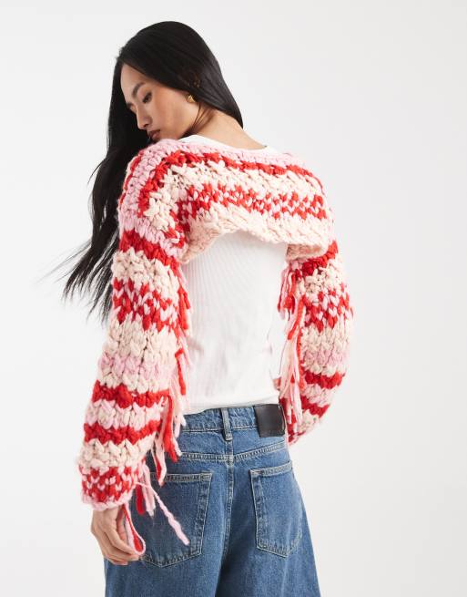 Kiwi & Co - Pixie - Håndstrikket chunky bolero-trøje med frynseærmer og lyserøde striber i uldblanding, 4 af 4