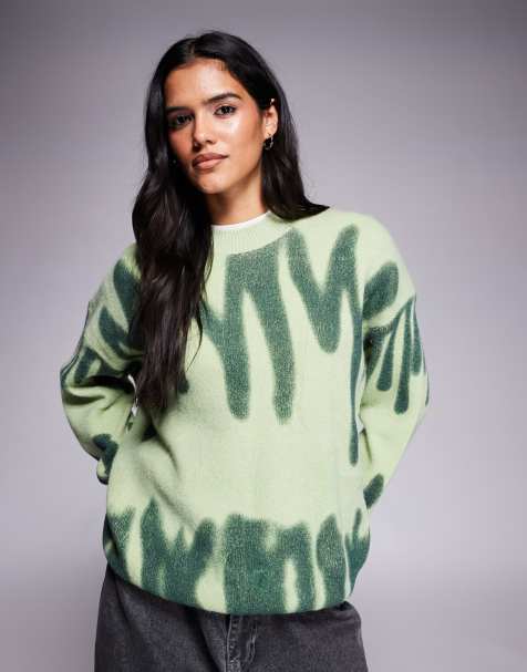Kiwi & Co Poplar crew neck paint spill look oversized jumper in green - view 1