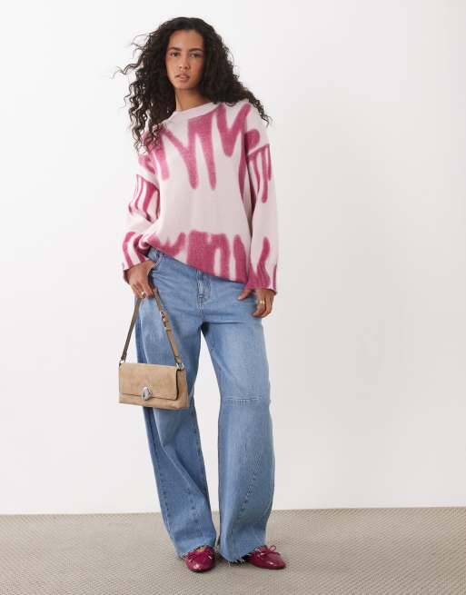 Kiwi & Co Poplar crew neck paint spill look oversized jumper in pink, 2 of 4