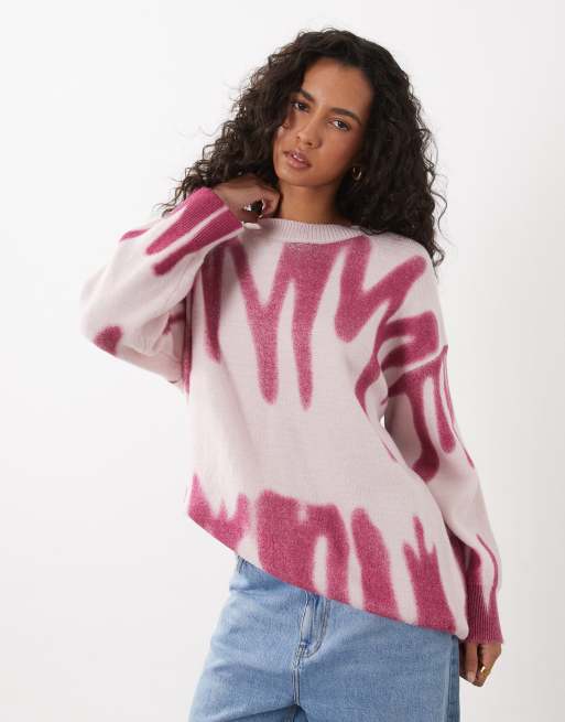 Kiwi & Co Poplar crew neck paint spill look oversized jumper in pink, 3 of 4