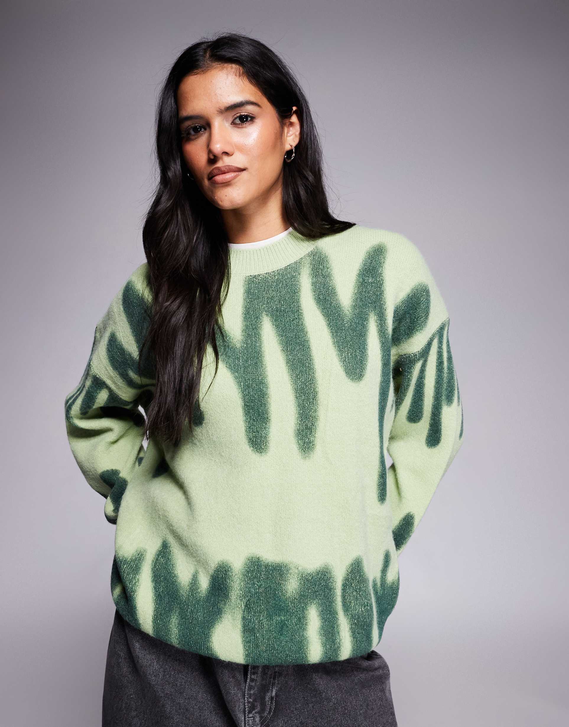 kiwi & co poplar crew neck paint-spill look oversized sweater in green