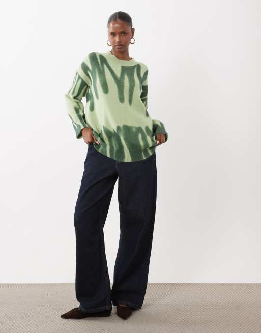 Kiwi & Co Poplar crew neck paint spill look oversized sweater in green, 2 of 4