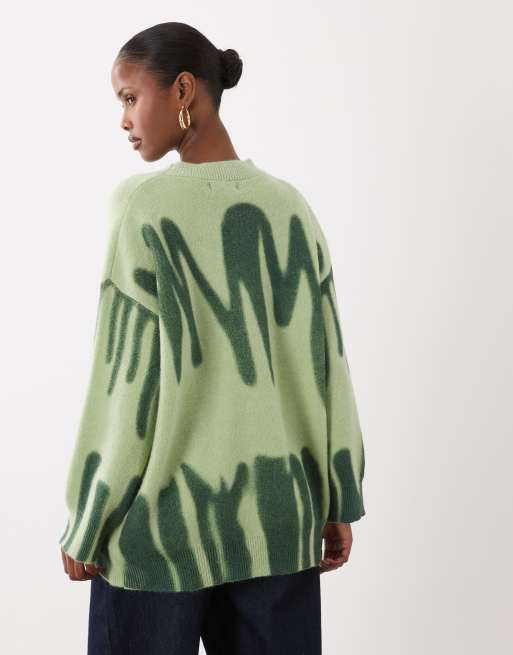 Kiwi & Co Poplar crew neck paint spill look oversized sweater in green, 4 of 4