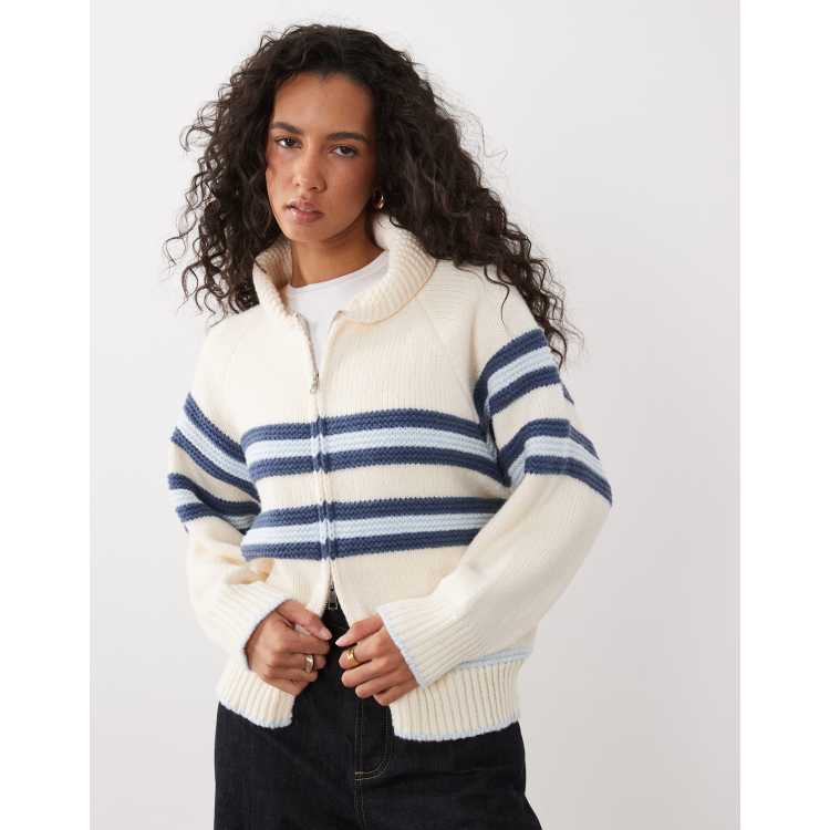 Kiwi & Co Sunday zip through stripe front cardigan in cream & blue