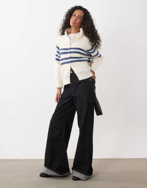 Kiwi & Co Sunday zip through stripe front cardigan in cream & blue, 2 of 4
