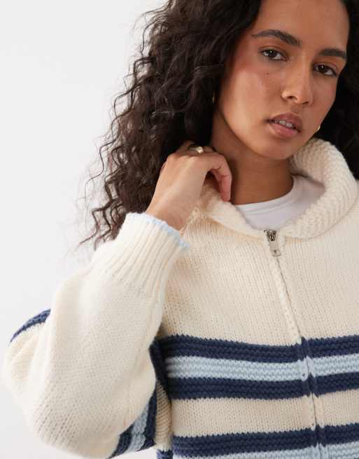 Kiwi & Co Sunday zip through stripe front cardigan in cream & blue, 3 of 4
