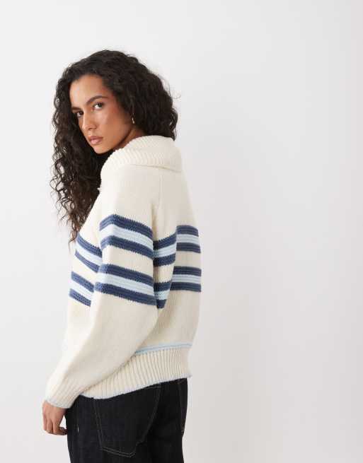 Kiwi & Co Sunday zip through stripe front cardigan in cream & blue, 4 of 4