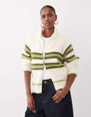 Kiwi & Co Sunday Zip Through Stripe Front Cardigan In White