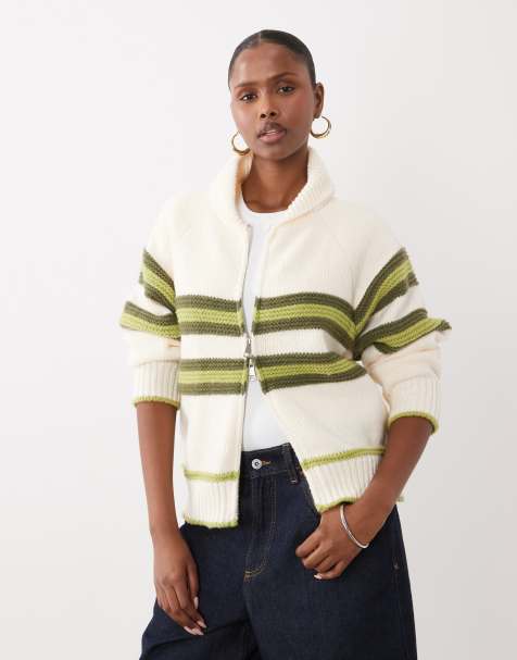 Kiwi & Co Sunday zip through stripe front cardigan in cream & green - view 1