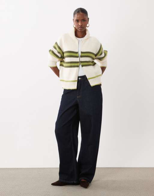 Kiwi & Co Sunday zip through stripe front cardigan in cream & green, 3 of 4