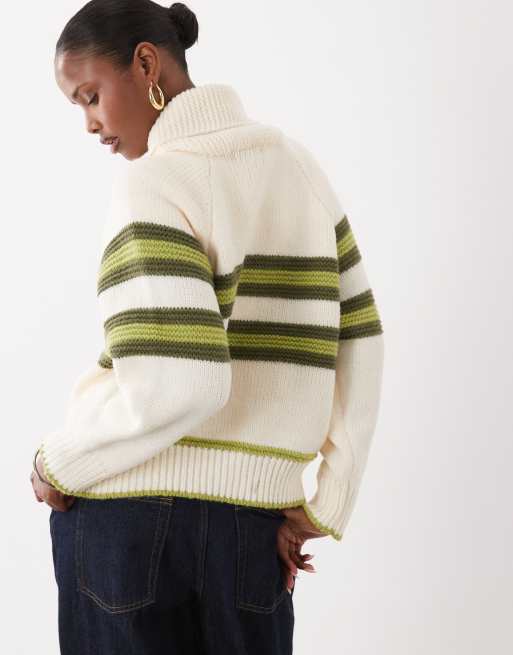 Kiwi & Co Sunday zip through stripe front cardigan in cream & green, 4 of 4