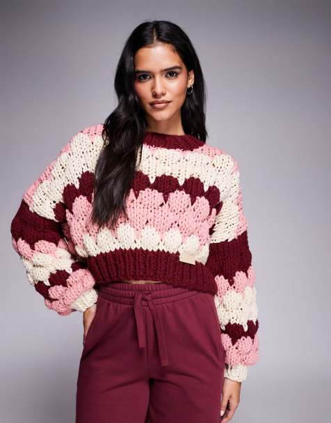 Kiwi & Co Sweetheart chunky hand knit balloon sleeve cropped sweater in burgundy bubble stripes - view 1