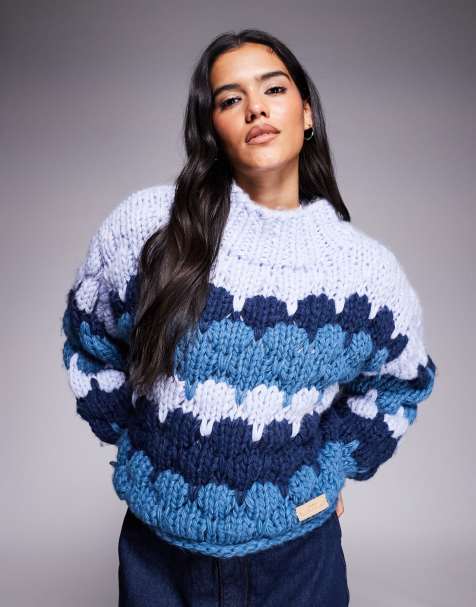 Kiwi & Co Sweetheart chunky hand knit balloon sleeve sweater in blue bubble stripes - view 1