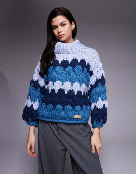 Kiwi & Co Sweetheart hand knitted chunky bubble knit balloon sleeve jumper in blue stripe