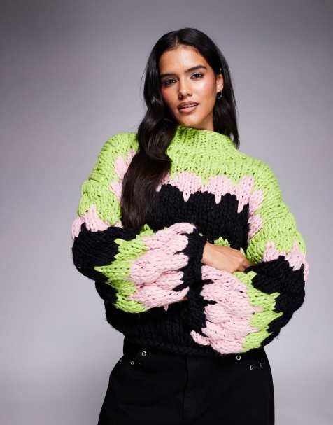 Kiwi & Co Sweetheart hand knitted chunky bubble knit high neck balloon sleeve jumper in lime & pink stripe - view 1
