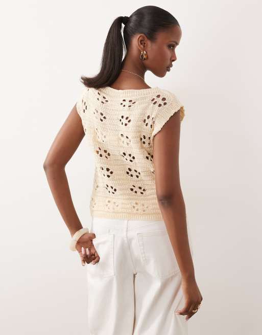 Kiwi & Co - Top à mancherons en maille crochetée fleurie - Crème, 4 de 4