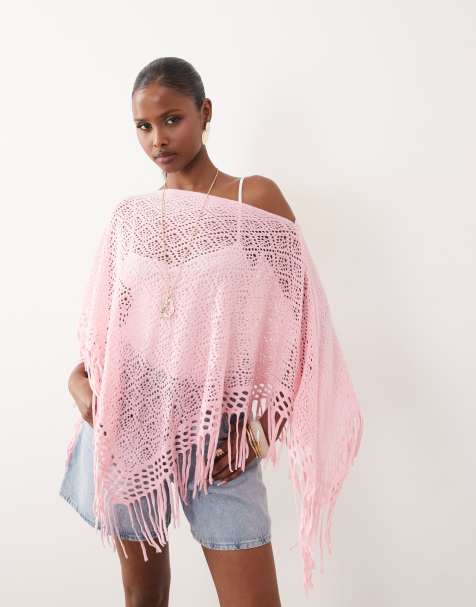 Kiwi & Co - Top poncho en maille fine avec ourlet à franges - Rose - view 1