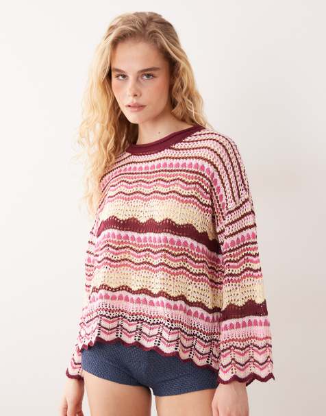 Kiwi & Co Walking On Sunshine crochet drop shoulder striped jumper in multi pink - view 1