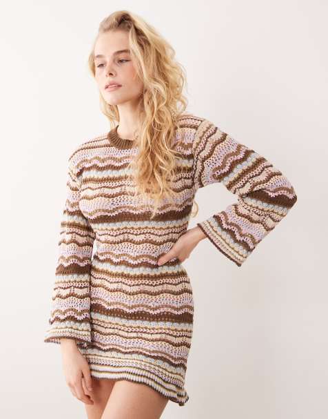 Kiwi & Co Walking On Sunshine crochet flare sleeve mini beach dress in chocolate & pastel stripe - view 1