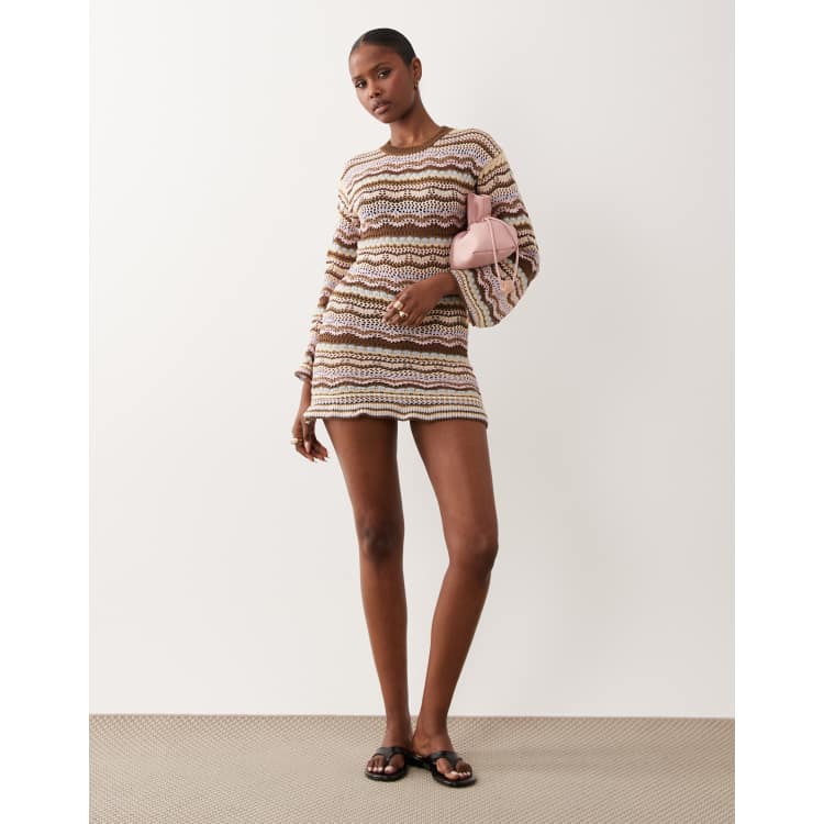 Kiwi & Co Walking On Sunshine crochet flare sleeve mini beach dress in  chocolate & pastel stripe | ASOS