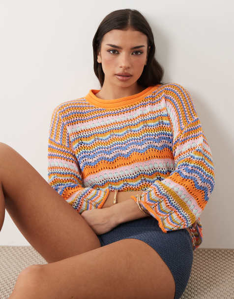 Kiwi & Co - Walking On Sunshine - Maglione arancione a righe all'uncinetto con spalle scivolate - view 1