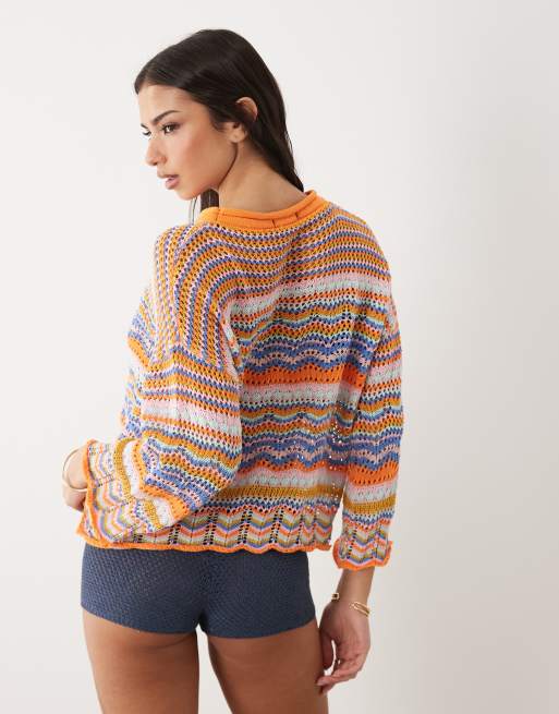 Kiwi & Co - Walking On Sunshine - Pull rayé à épaules tombantes en maille au crochet - Orange, 2 de 4